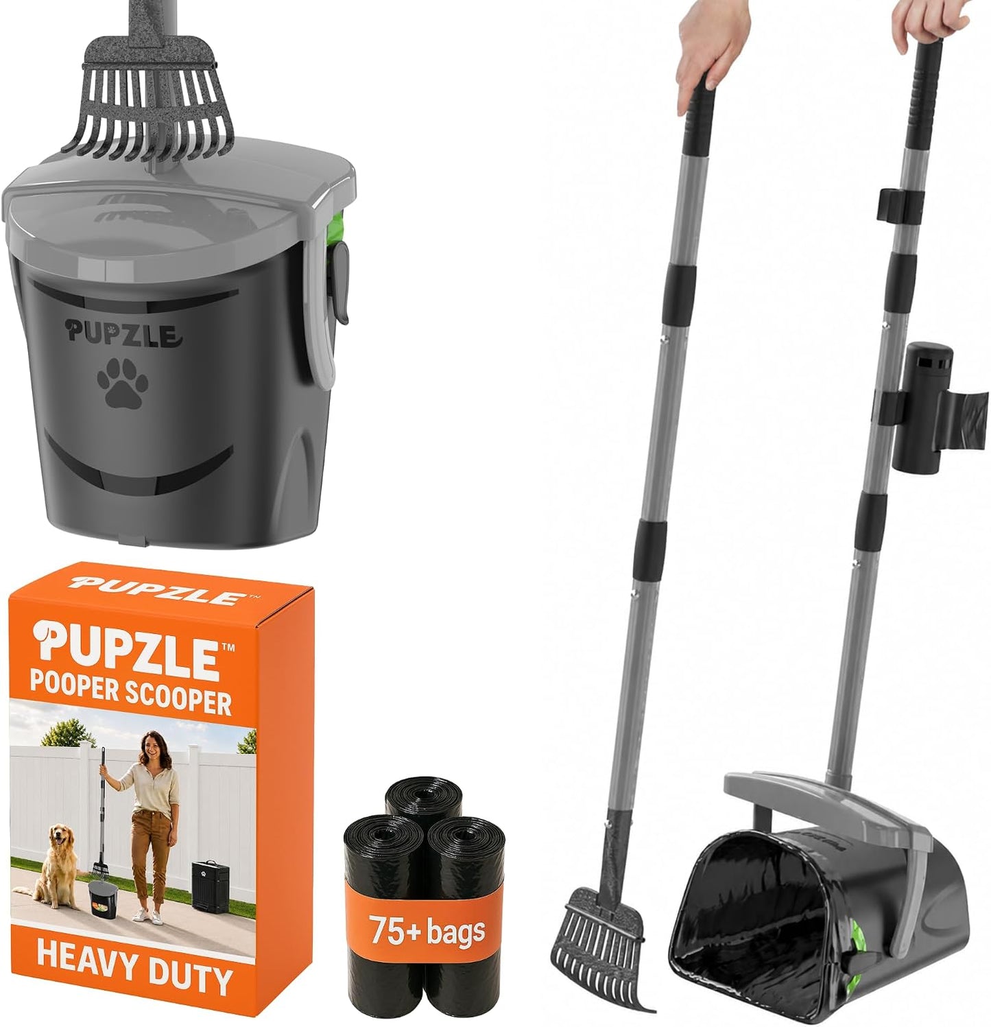 Pupzle Dog Pooper Scooper, Heavy Duty Metal, 100 Bags