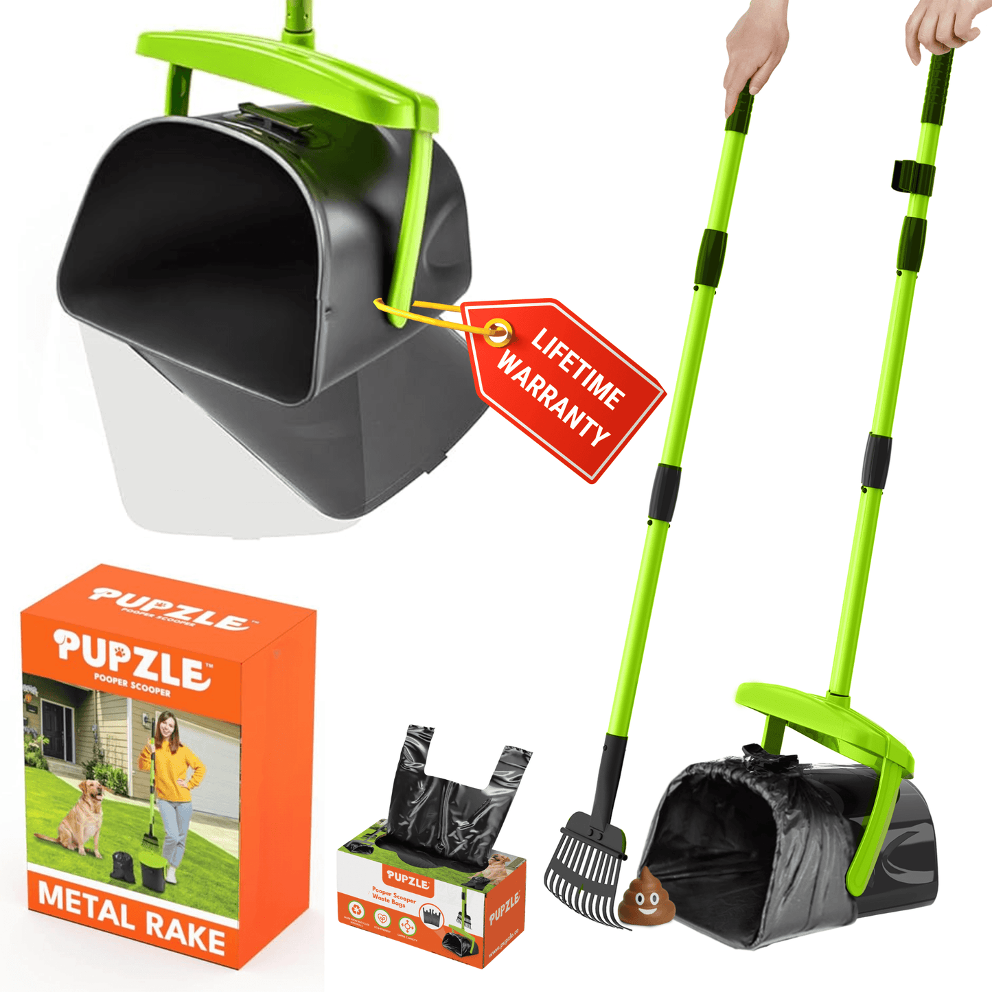 Pupzle Dog Pooper Scooper with Bags, Heavy Duty Metal Poop Scooper