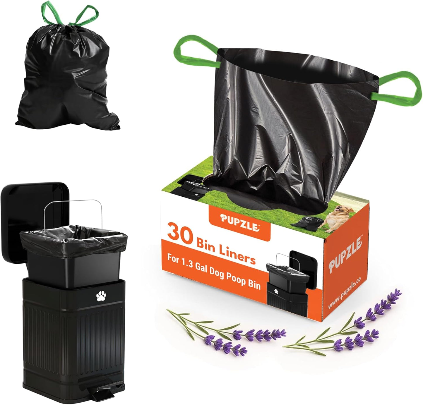 Pupzle Dog Poop Bin Liners, 1.3 Gal Trash Can Liners for Small Square Trash Can, Durable and Leakproof, 30 Bags