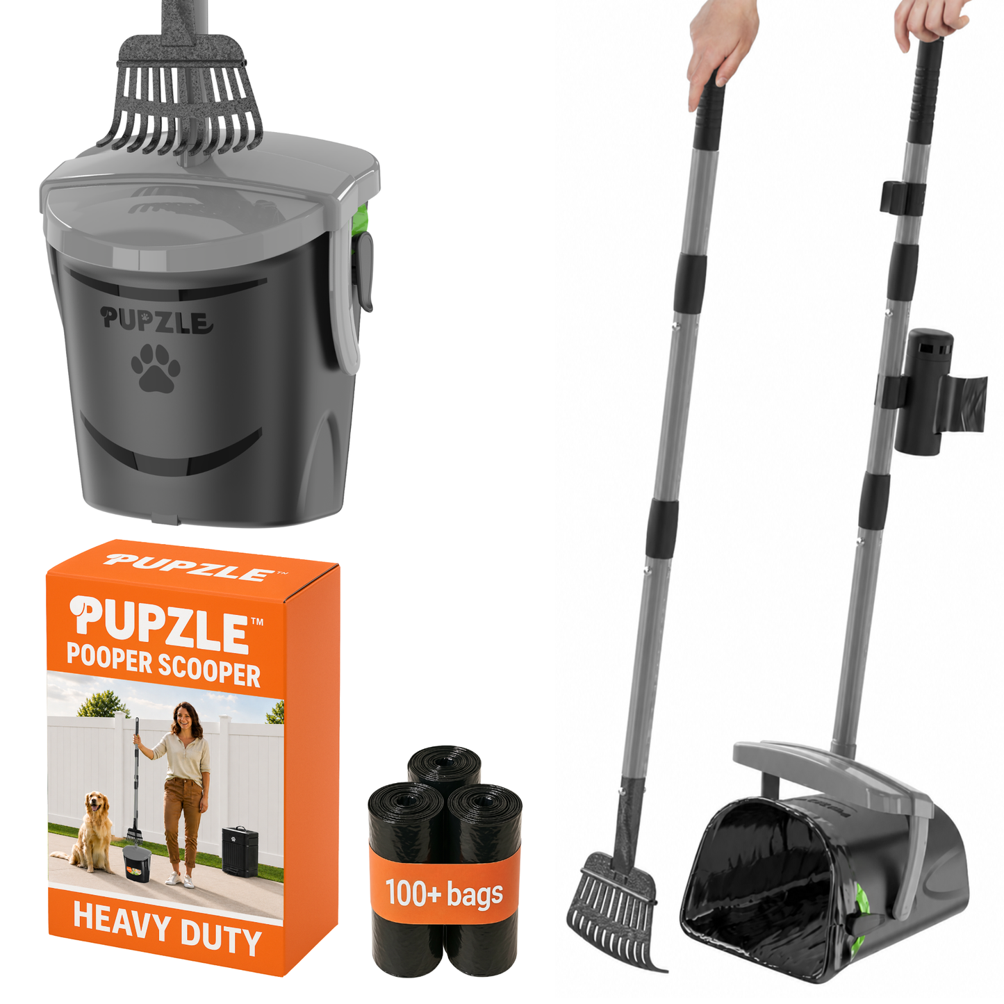 Pupzle Dog Pooper Scooper with Bags, Heavy Duty Metal Poop Scooper