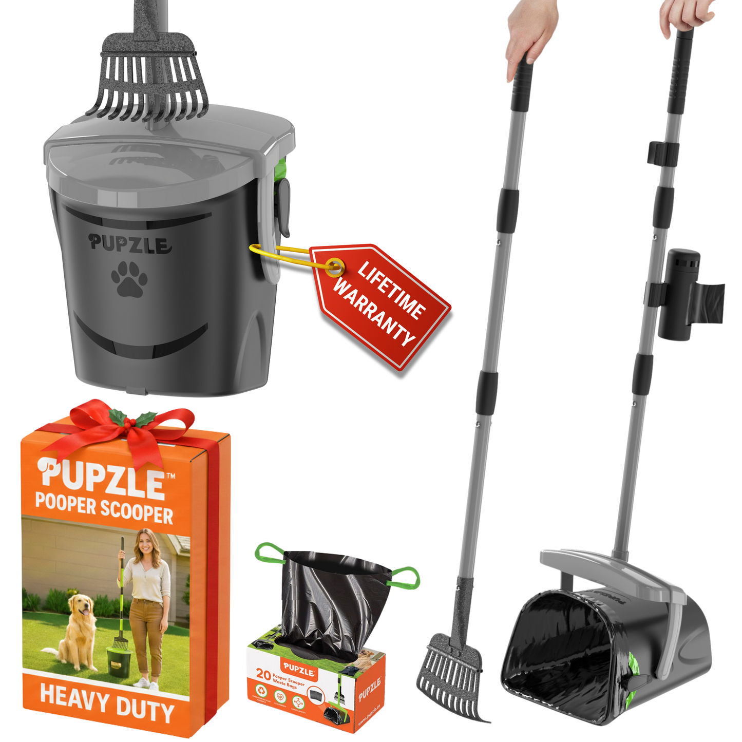 Pupzle Dog Pooper Scooper with Bags, Heavy Duty Metal Poop Scooper