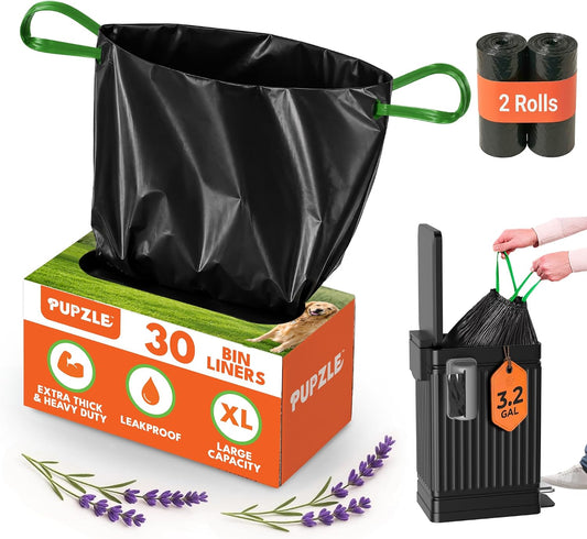 Pupzle Dog Poop Bin Liners, 3.2 Gal Trash Can Liners for Large Slim Trash Can, Durable and Leakproof, 30 Bags