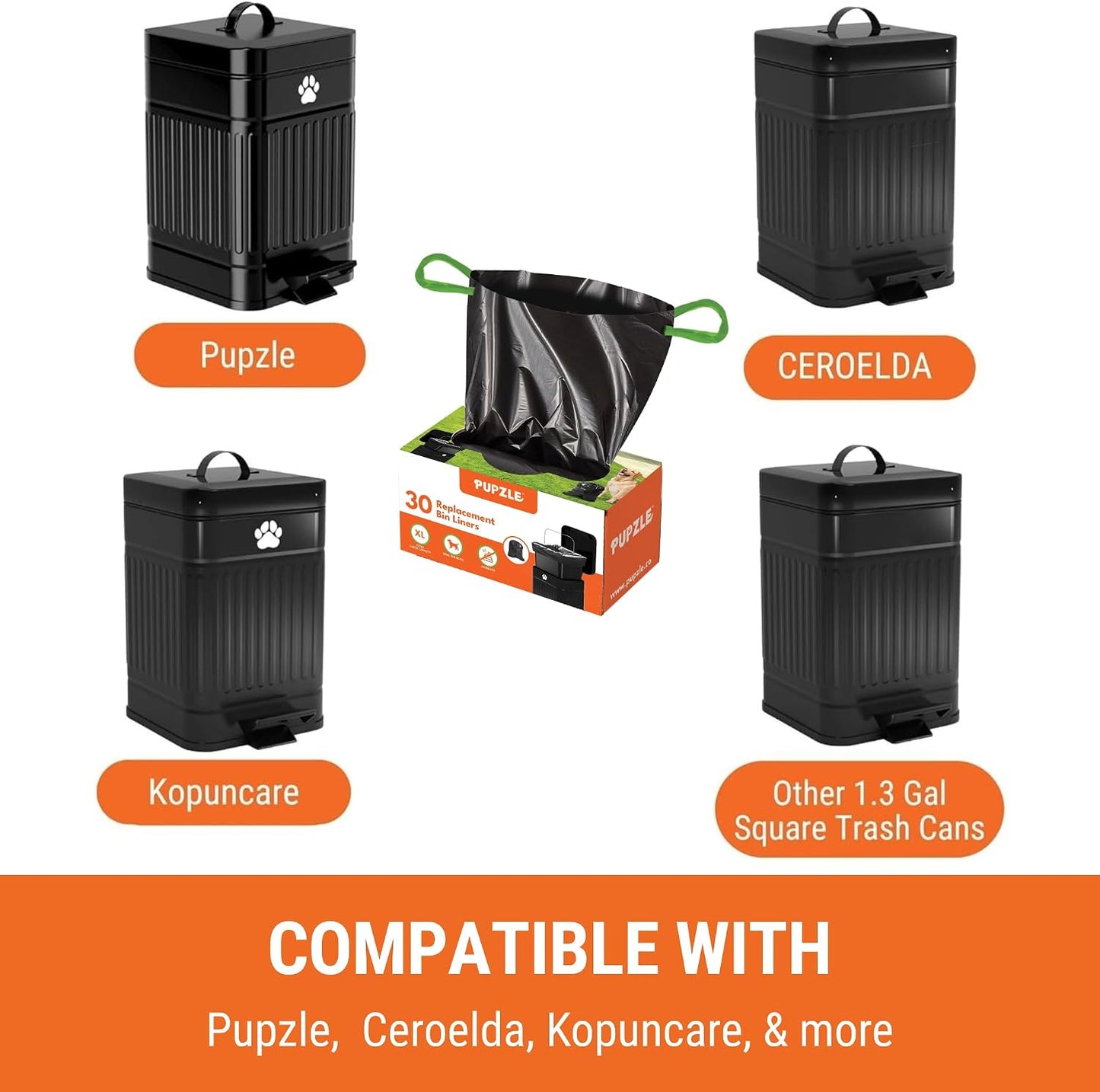 Pupzle Dog Poop Bin Liners, 1.3 Gal Trash Can Liners for Small Square Trash Can, Durable and Leakproof, 30 Bags