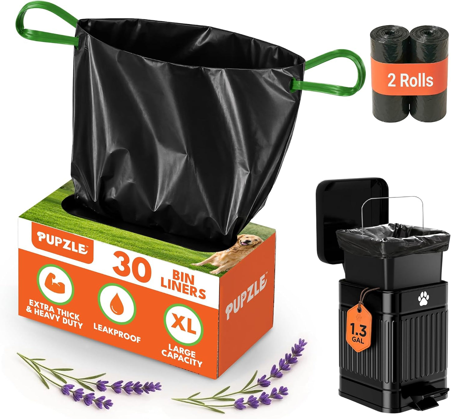 Pupzle Dog Poop Bin Liners, 1.3 Gal Trash Can Liners for Small Square Trash Can, Durable and Leakproof, 30 Bags