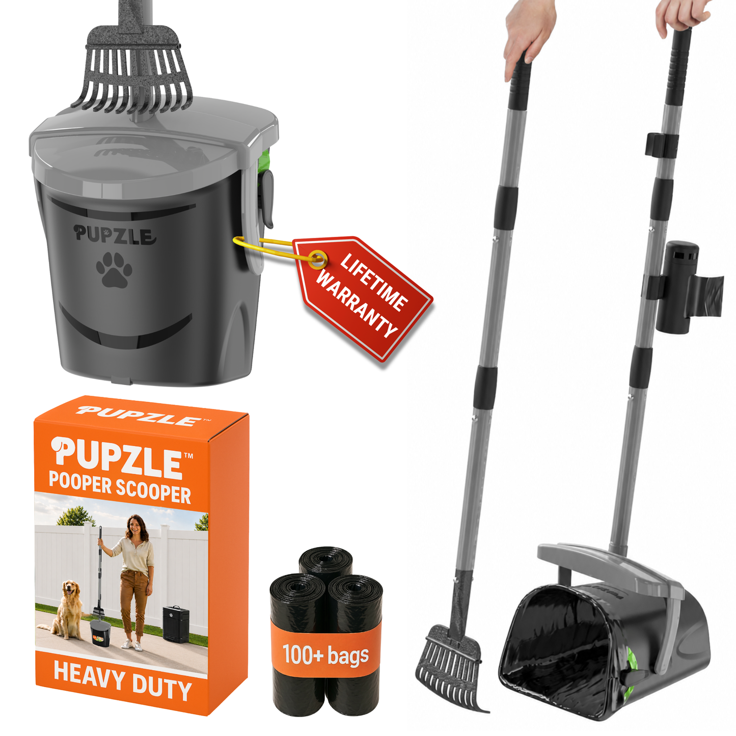 Pupzle Dog Pooper Scooper with Bags, Heavy Duty Metal Poop Scooper