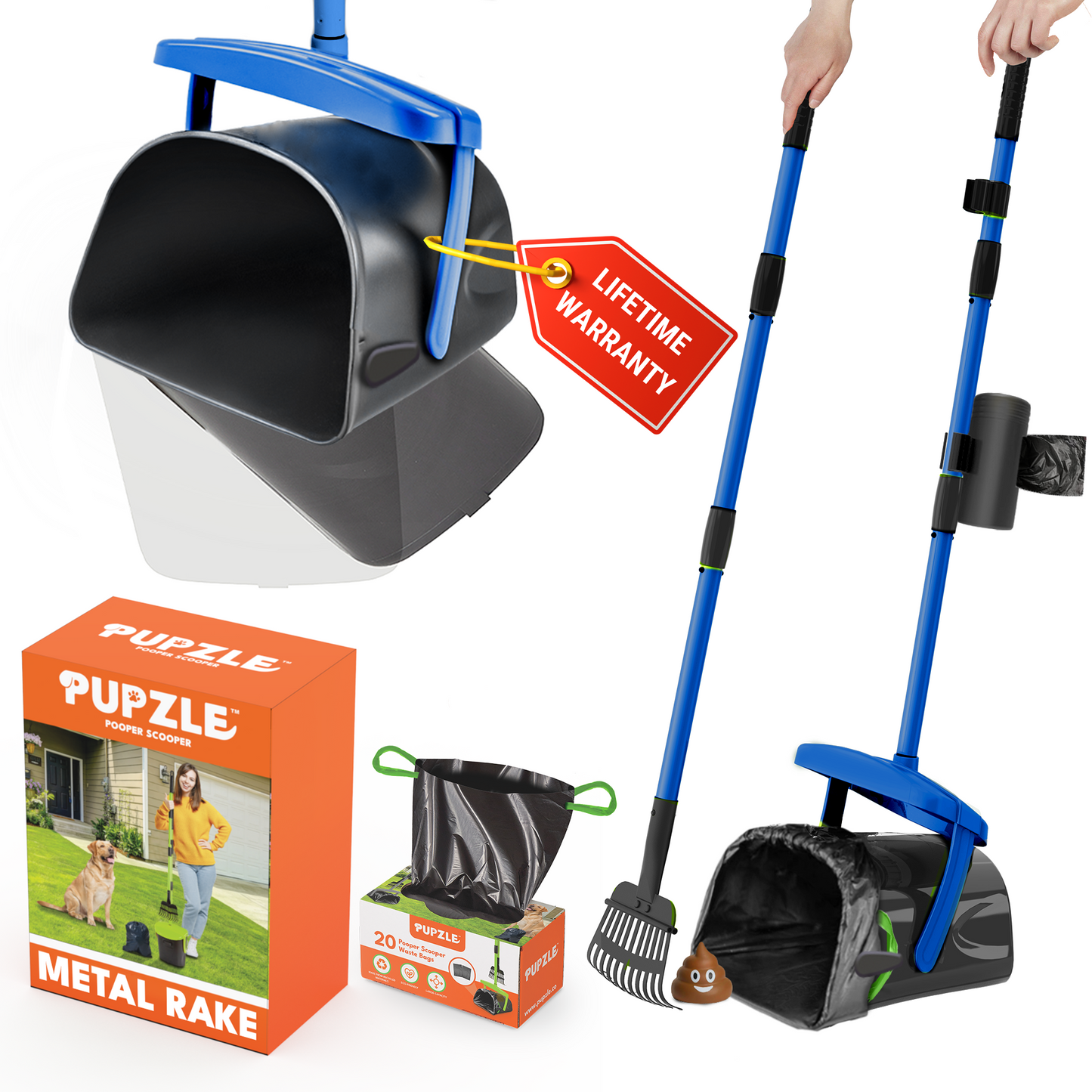 Pupzle Dog Pooper Scooper with Bags, Heavy Duty Metal Poop Scooper