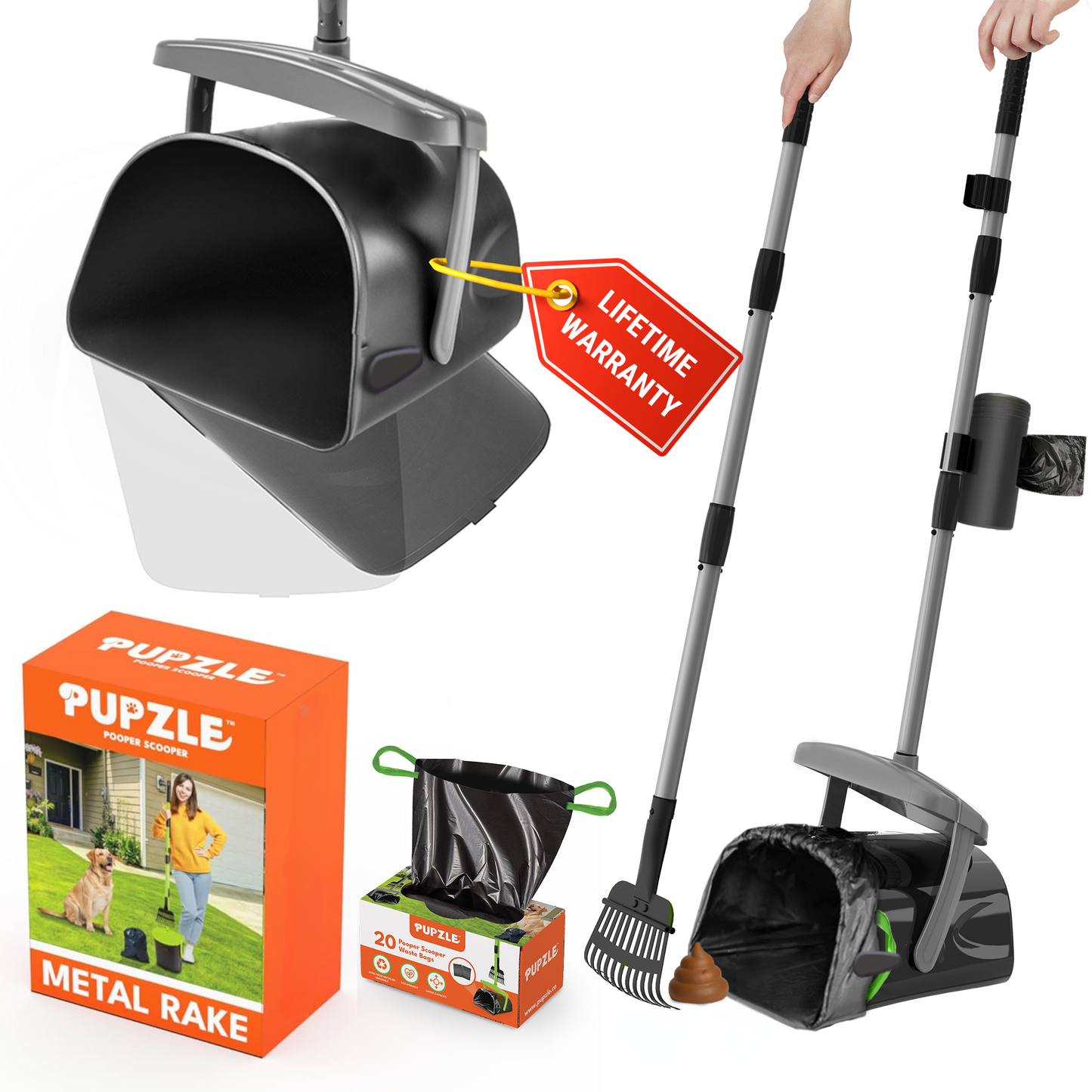 Pupzle Dog Pooper Scooper with Bags, Heavy Duty Metal Poop Scooper